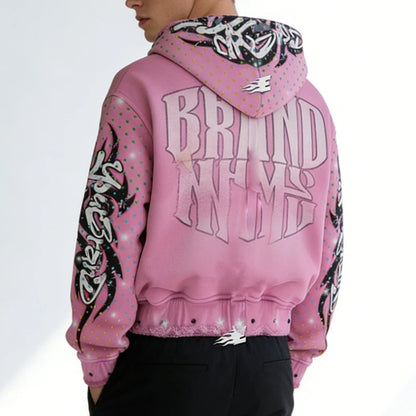 Pink Graphic Zip-Up Hoodie with Printed Sleeve Artwork