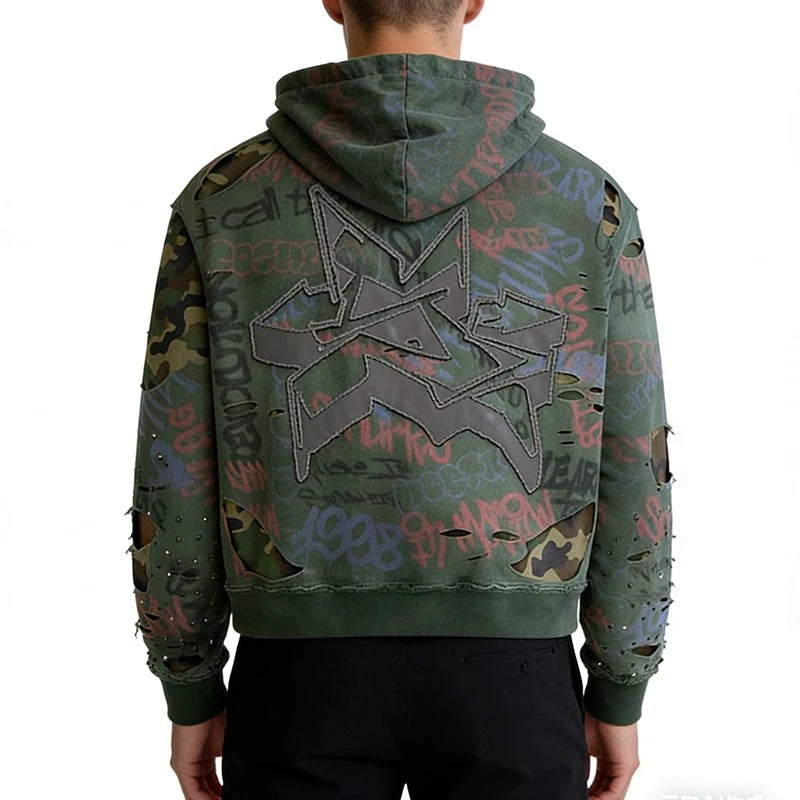 Green Distressed Zip-Up Hoodie with Graffiti Print