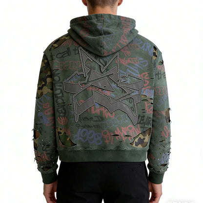 Green Distressed Zip-Up Hoodie with Graffiti Print