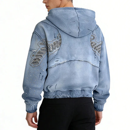 Light Blue Distressed Hoodie with Rhinestone Graphics