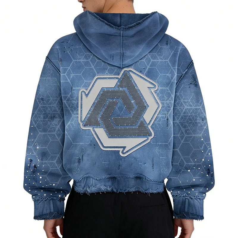 Blue Graphic Zip-Up Hoodie with Rhinestone Details