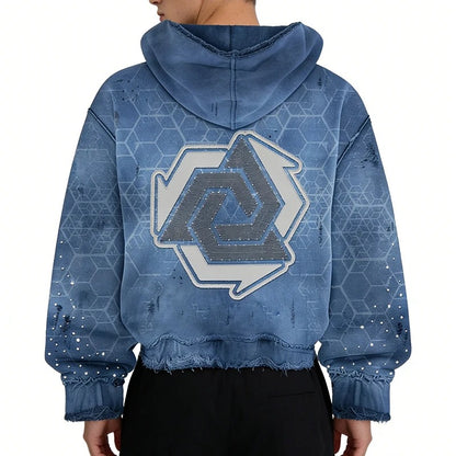 Blue Graphic Zip-Up Hoodie with Rhinestone Details