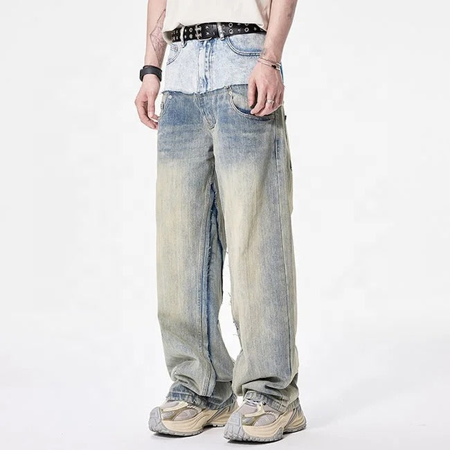 Two-Tone Washed Wide-Leg Jeans