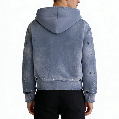 Blue Distressed Zip-Up Hoodie with Rhinestone Lettering