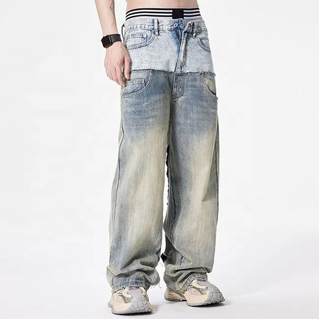 Two-Tone Washed Wide-Leg Jeans