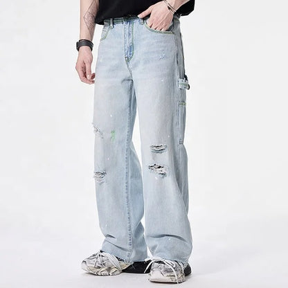 Light Wash Distressed Wide-Leg Cargo Jeans