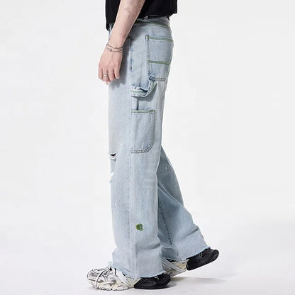Light Wash Distressed Wide-Leg Cargo Jeans