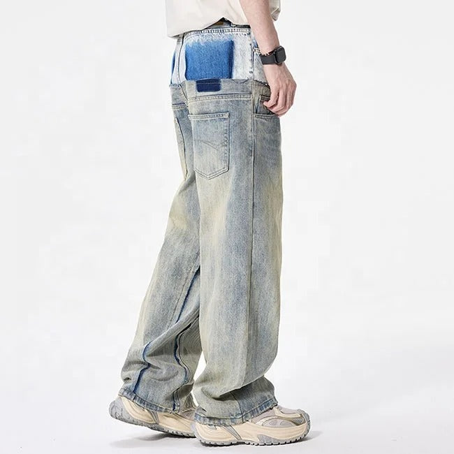 Two-Tone Washed Wide-Leg Jeans