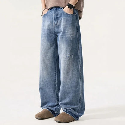 Light Wash Wide Leg Jeans with Distressed Details