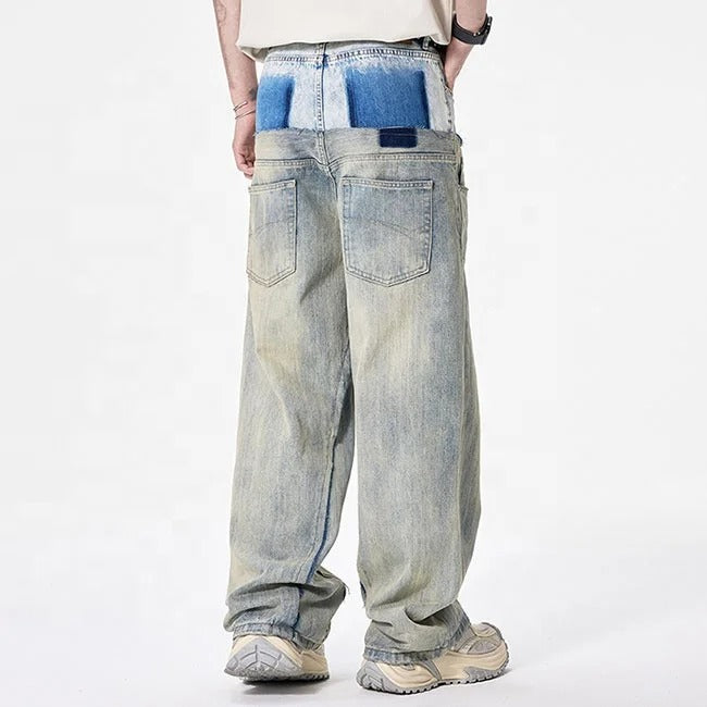 Two-Tone Washed Wide-Leg Jeans