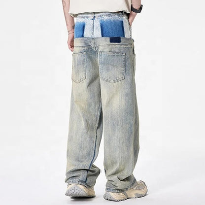 Two-Tone Washed Wide-Leg Jeans
