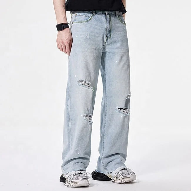 Light Wash Distressed Wide-Leg Cargo Jeans