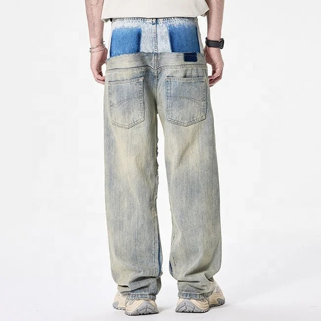 Two-Tone Washed Wide-Leg Jeans