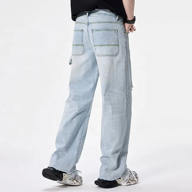 Light Wash Distressed Wide-Leg Cargo Jeans